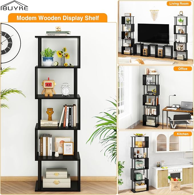 IBUYKE 6-Tier Tall Bookshelf,S-Shaped Geometric Bookcase, Wood Display Shelves with Storage,Modern Bookshelf for Living Room Bedroom, Home Office, Black WBC016B