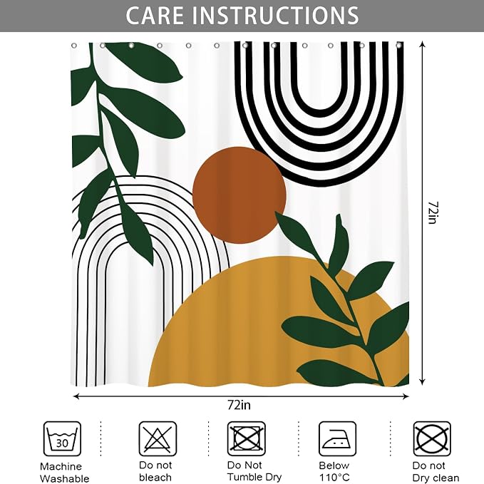 Boho Geometric Shower Curtain White Beige Mid Century Abstract Arch Curve Bathroom Curtain Minimalistic Sun Shower Curtain Sets for Bathroom Extra Long 66x72 in with 12 Hooks