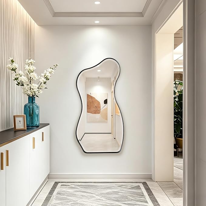 POZINO Irregular Beveled Mirror, 53"x25" Asymmetrical Wall Mirror with Black Metal Frame, Organic Shape Floor Mirrors for Entryway Living Room Bedroom Hallway, Leaning/Wall-Mount