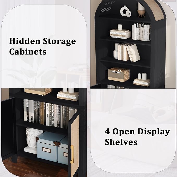 Janmer Home 71" Tall Arched Bookcase with Storage, Modern 6-Tier Arch Cabinet with Door, Arched Bookshelf Cabinet with Open Display Storage Shelf for Living Room (Black,)