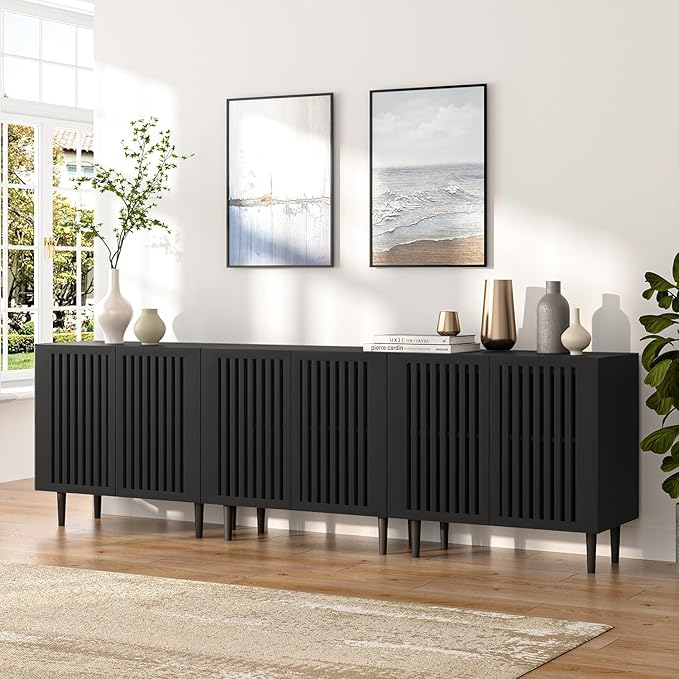 CHUWELL Farmhouse Storage Cabinet Set of 3, 94.5" Buffet Cabinet with 6 Doors and Adjustable Shelf, Sideboard Coffee Bar with Solid Wood Feet for Kitchen,Dining Room,Living Room,Black