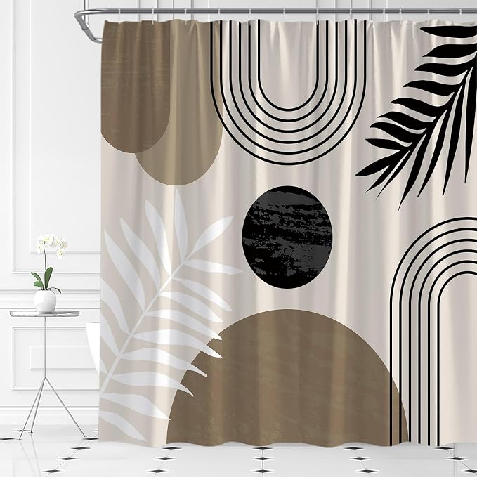 Mid Century Modern Shower Curtain Boho Brown Abstract Retro Aesthetic Fabric for Bathroom Decor Bathtub with Hooks (59" WX70 H)