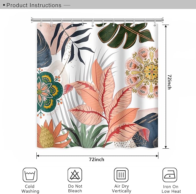 Abstract Mid Century Bathroom Shower Curtain - Colorful Boho Tropical Leaves With Hooks, Polyester Waterproof Fabric for Home Bathtub Decor, 72x72 Inch