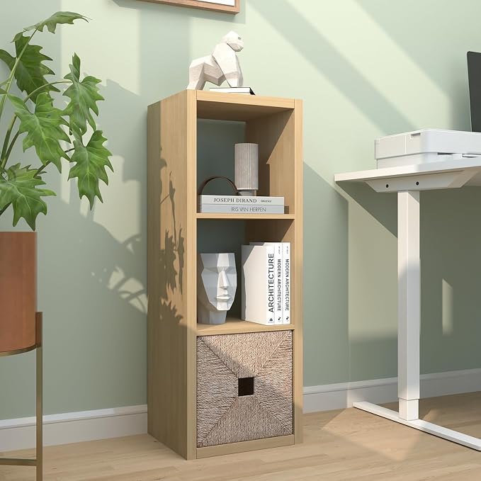 CTESNE【2026 Wooden Thick Frame 3 Cube Storage Organizer Shelf with Anti-Tipping Kits + Reversible Open Back Bookcase, Horizontal and Vertical Dual-use(Oak Color,11inch)