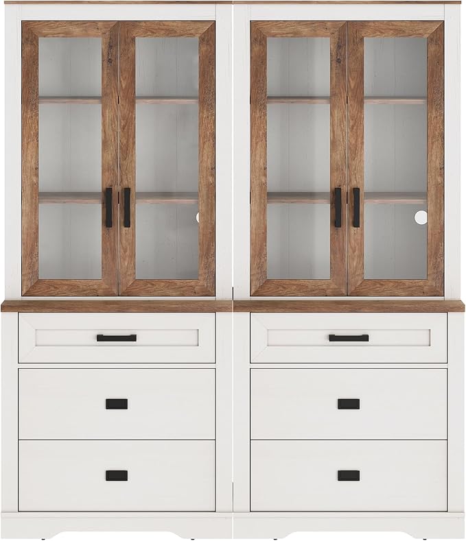 WAMPAT 2 Column 73.3" Tall Bookcase with Glass Door, 63" Wide Rustic Wood Bookshelves with Chest of Drawers, Modern Farmhouse Display Storage Cabinet with Adjustable Shelves for Home,Office,White&Oak