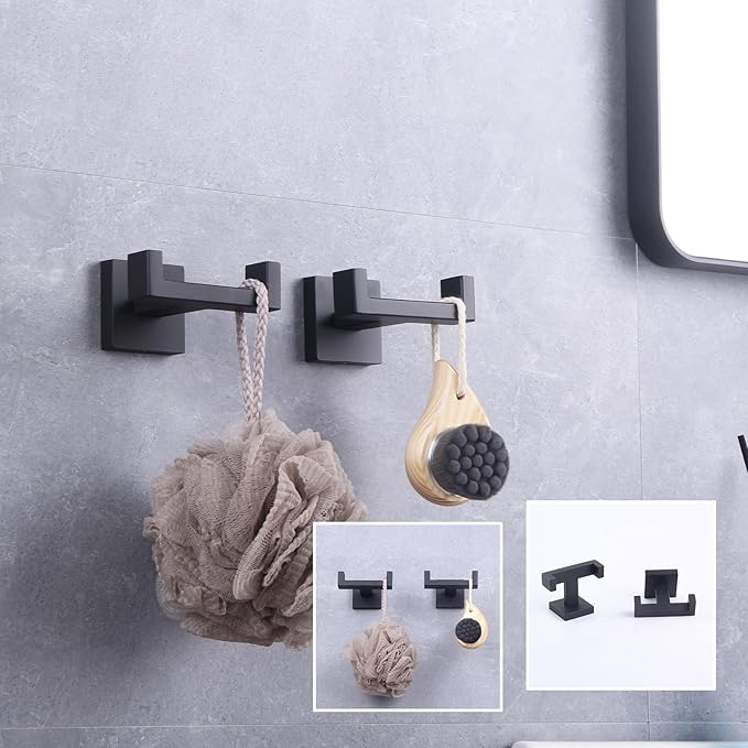 GERZWY Matte Black Bathroom Double Towel Hook Stainless Steel Coat/Robe Clothes Hook for Bath Kitchen Modern Hotel Style Wall Mounted 2 Pack AG1417B-BK