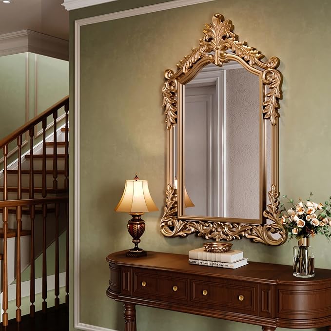 Large Retro Gold Mirror for Wall Decor 30"x47" Vanity Antique Baroque Ornate Wall Mirrors Victorian Arched Mirror for Bathroom, Living Room, Entryway, Fireplace, Bedroom