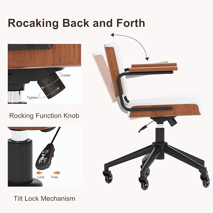 Ergonomic Office Chair with Rubber Wheels & Walnut Arms - PU Leather Mid-Back Desk Chair, Adjustable Height, Bentwood Backrest | Swivel Rocking Design for Home Office, Meeting Room, Study