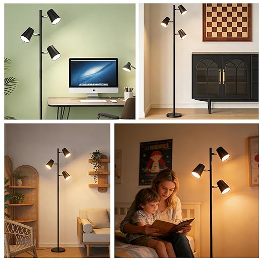 Energetic Dimmable Floor Lamp, Modern LED Tree Lamp, 5 Color Temperature, Standing Light with 3 Adjustable Head for Bedroom, Living Room, Office, ETL, 120V, Black, 1 Pack