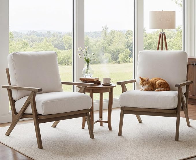 HNY Mid Century Modern Accent Chair, Farmhouse Retro Linen Upholstered Armchair for Living Room Bedroom, 23'' Seat Wide Leisure Slipper Chair with Wood Frame, White