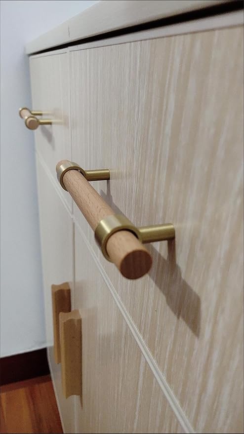 Wood and Brass Dresser Handles Single Hole 4Set Euro Scandi-Modern Kitchen Cabinet Pull Unfinished Wood and Metal Drawer Knob