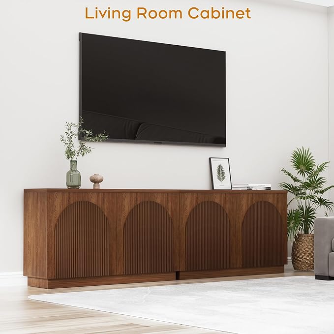 Yechen Walnut Fluted Sideboard Buffet Cabinet with Arched Reeded Design Doors, Mid Century Modern Credenza Storage Cabinet with 2 Adjustable Shelves Inside, for Living Room Kitchen Dinning Hallway
