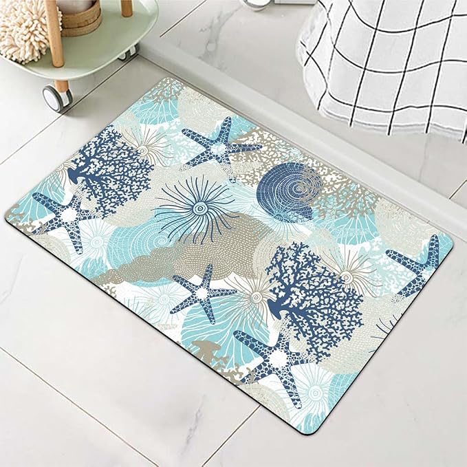 Diatomaceous Earth Bath Mat,Cute Corals and Seashells Non-Slip Volume Super Absorbent Fast Drying for Bathroom Kitchen mat,Eco-Friendly Easy to Clean 17×27.5Inch (43 * 70cm)