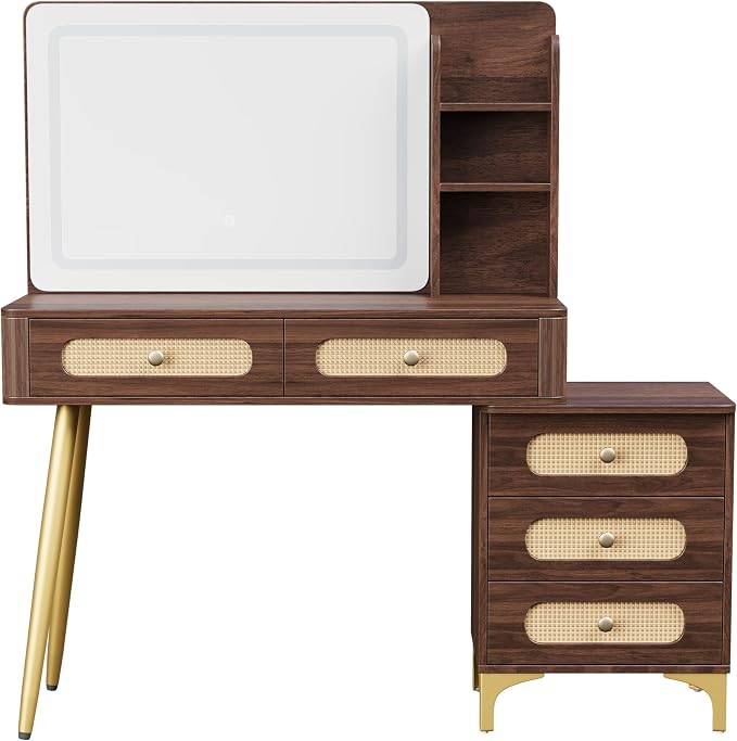 47" Vintage Makeup Vanity Table with Mirror & Lights Dark Walnut Vanity Desk with 3-Color Dimming Light 5 Drawers 3 Open Shelves Mid-Century Modern Vanity with Rattan Decor & Metal Legs
