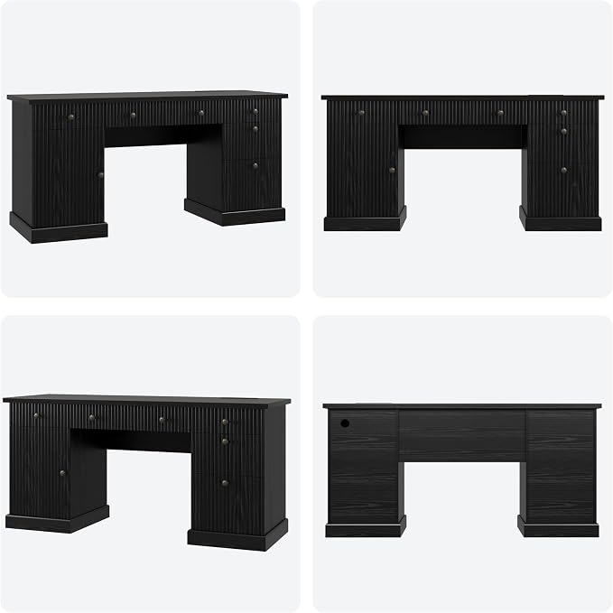 Garvee 60" Office Desk with Storage & Drawers. Fluted Wood Computer Desk with Power Outlet & Adjustable Shelves.Modern Executive Desk for Home Office/Bedroom/Gaming-Black