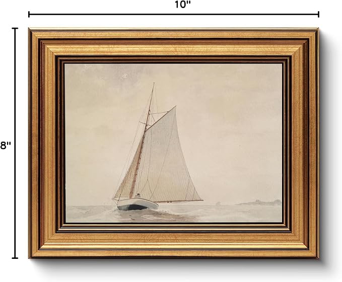 Gold Framed Vintage Wall Art for Living Room, Seaview Painting Prints Shelf Decor for Kitchen, Aesthetic Bedroom Wall Art, Christmas Gifts for Friends or Family (White Sailboat - 8"x10")