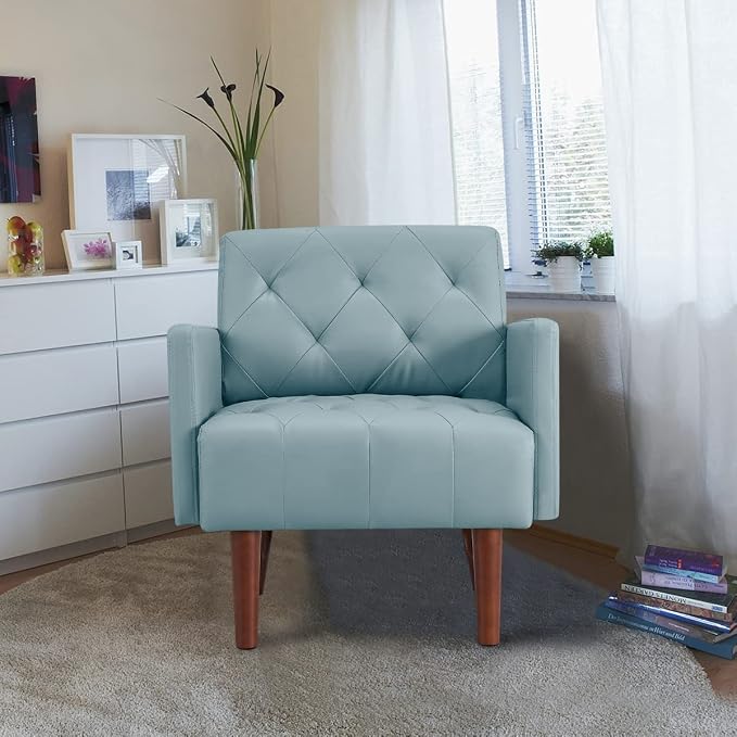 Faux Leather Accent Chair, Modern Retro Arm Chair for Living Room and Bedroom Tufted Upholstered Sofa Club Chair Comfy Armchair for Small Spaces Bedroom Office (Blue)