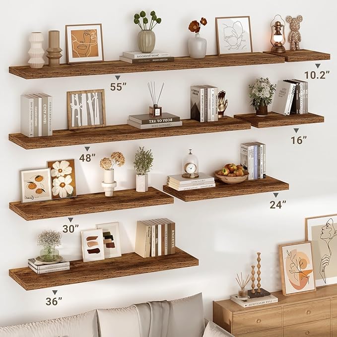 Vivelove 10 Inch Deep Floating Shelves 48 inch Long, 47.2 x 10 Wide Wall Shelves with Invisible Brackets, for Bedroom Bathroom Living Room Kitchen Office, Farmhouse Home Decor, Set of 2, Rustic Brown