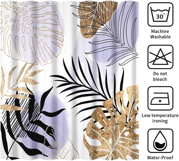 Modern Boho Shower Curtain Purple Gold Palm Leaf Abstract Aesthetic Bathroom Decor Gorgeous Watercolor Botanical Theme Bohemian Bath Curtains Washable Waterproof Polyester Fabric with Hooks 72x84 Inch