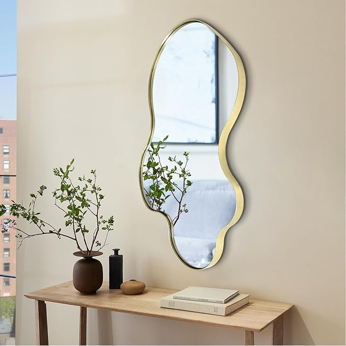 Irregular Mirror, 30"x18" Asymmetrical Mirror, Gold Metal Frame Abstract Wall Mirrors Decorative, Modern Odd Shaped Mirrors for Living Room Bathroom Bedroom Hallway Entryway Fireplace
