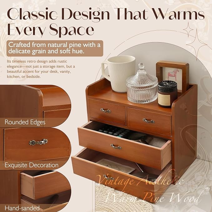 Vintage Wooden Desk Organizer with 4 Drawers — Small Wood Desktop Storage Cabinet for Jewelry, Makeup, Office Supplies & Accessories - Rustic Mini Drawer Chest for Clutter-Free, Desk Zen