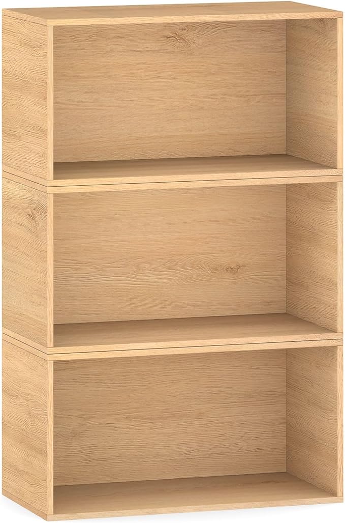 3 Cube Organizer Bookcase, Expandable Storage Shelves, Wooden Open Shelving Unit Book Shelf for Living Room, Office, Bedroom, Mid-Century Style Wood Furniture, Natural Oak Color (1 Set)