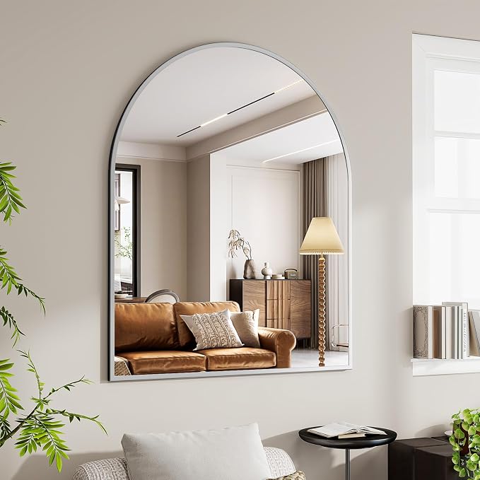 BEAUTYPEAK 36"x48" Arch Bathroom Mirror, Wall Mounted Vanity Metal Frame Mirror for Bedroom, Entryway, Living Room, Silver