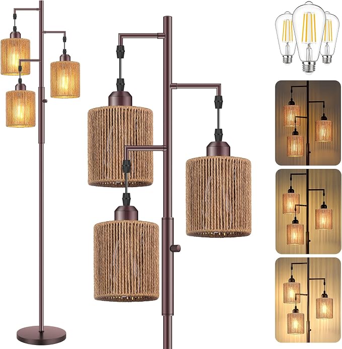 Hotsonic 72" Tall Boho Rattan Style Floor Lamp with Hand-Woven Paper Cord Shade, Dimmable Industrial Tree Standing Lamp for Living Room, Bedroom, Study Room, Office (3 x 800LM Bulbs Included) - Brown