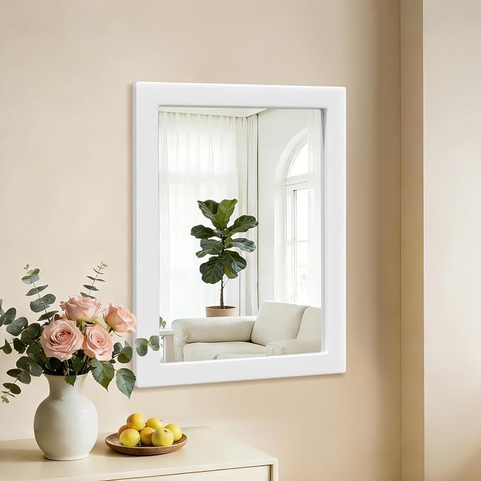 36''x24'' Rustic Wall Mirror for Bathroom White Wood Frame, Classic Rectangle Mirror Farmhouse Vanity Wall Mirror Decor Living Room, Bedroom, Entryway (White, 36''x24'')