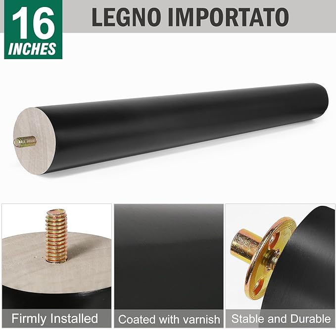 FoDau770 Black Rubber Wood Furniture Legs 16 Inches, Straight Tapered Wood Feet Mid Century Sofa Legs Set of 4, 5/16" UNC Furniture Feet for Cabinet Couch Dresser Chair Ottoman Table