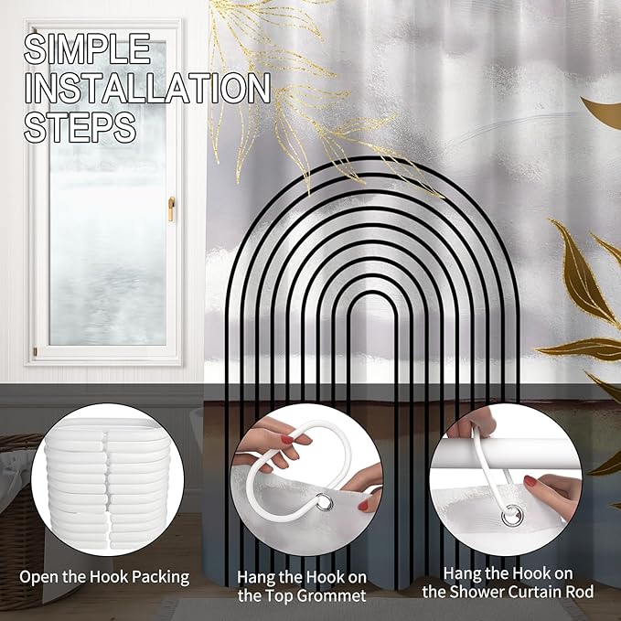 Mid Century Boho Shower Curtain Abstract Modern Minimalist Geometric Arch Bathroom Curtain Gold Leaves Aesthetic Waterproof Bath Decor Polyester Fabric with Hooks 72x72 inch