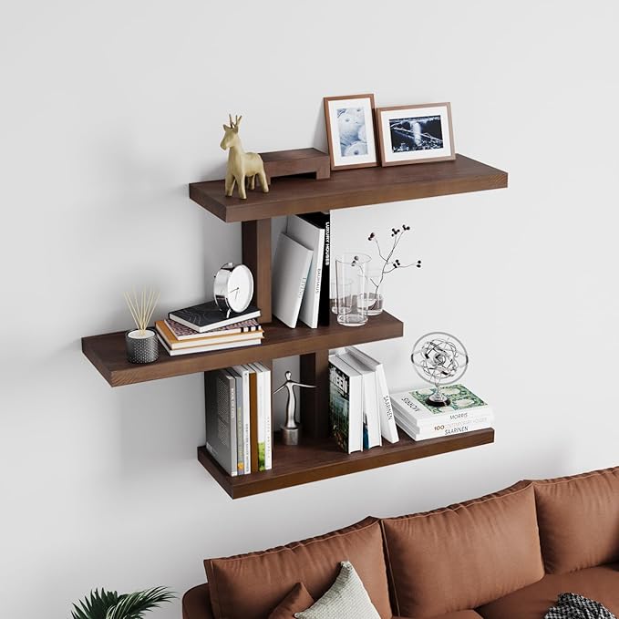 yaqew Variable Wood Floating Shelves Set of 3, Wall Cube Shelves 28.35" Max, Wall Shelves for Living Room Bathroom Bedroom - Light Walnut Color - 28.35" x 23" x 5.9" Max