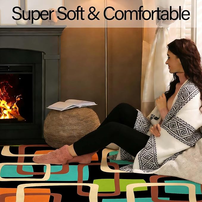 Mid Century Modern Rug, Colorful Abstract Geometric Area Rug, Retro Atomic Starburst Rugs, Washable Non-Slip Soft Low Pile 1950s Carpet for Living Room, Bedroom (5' x 7'(Rectangular))