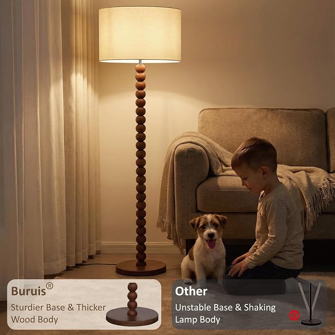 Buruis 61" Beaded Wood Floor Lamp with 17.2" Large Linen Shade, Retro Mid-Century Accent Walnut Finish Standing Lamp for Living Room, Bedroom, Office, Corner, UL Listed, Bulb Not Included, Beige