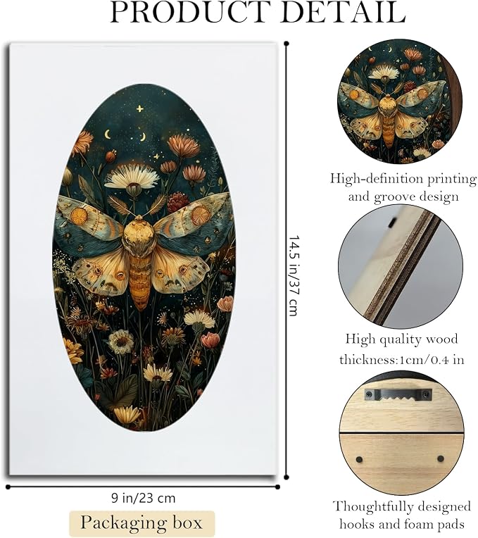 UYIKG Vintage Cottagecore Wall Art Decor,Moth Floral Oval Wall Decor,William Morris Moth Cottagecore Oval Wooden Framed Decorations for Theme Room Home Bedroom Living Room 9x14.6 in