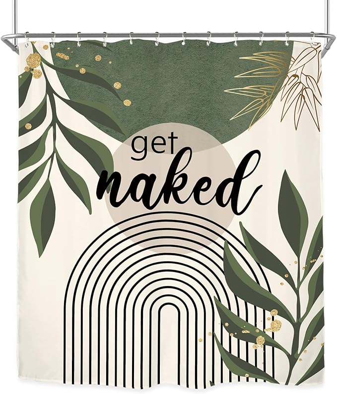 Miyotaa Abstract Minimalist Sage Green Shower Curtain Set 60Wx71H Inches Get Naked Aesthetic Modern Geometric Neutral Contemporary Plant Leaves Waterproof Bathroom Curtain with 12 Hooks