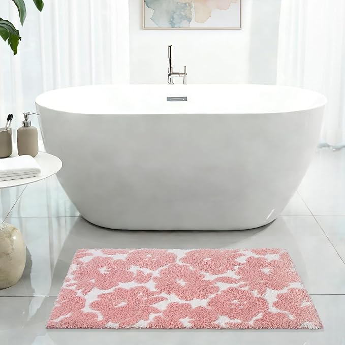 Civkor Pink and White Bathroom Rug, Tufted Flower Bath Mat for Bathroom with Non Slip TPR Backing, Quick Dry Microfiber Surface, Soft and Super Water Absorbent Bath Rug, 24x16Inch