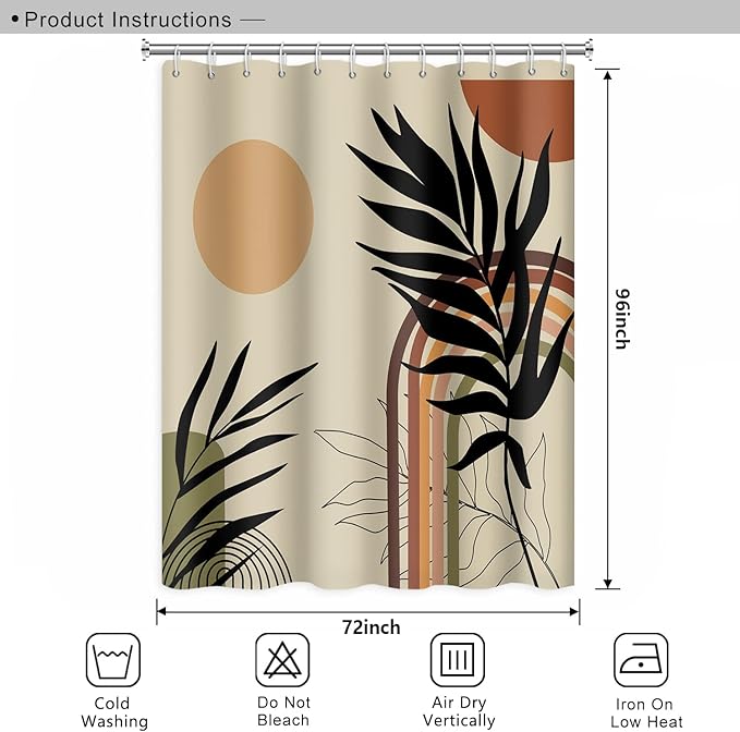 Mid Century Bohemian Bathroom Eucalyptus Leaves Arch Sun Shower Curtain, 72x96 Inch, Waterproof Polyester Fabric with Hooks, Art Home Decor