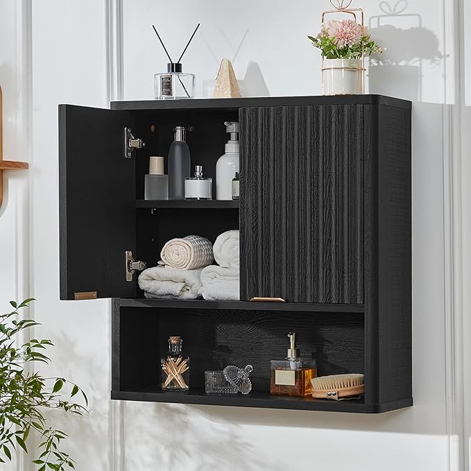 LEYAOYAO Fluted Bathroom Wall Cabinet, Wall-Mounted Medicine Cabinet with Adjustable Shelf & Doors, Farmhouse Floating Over The Toilet Storage Cabinets for Laundry Room, Kitchen, Living Room (Black)