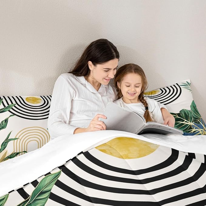 Erosebridal Navy Blue Boho Comforter Full Abstract Light Blue Mid Century Bedding Set Tropical Plant Minimalist Bedding for Kids Boys Girls Modern Geometric Aesthetic Duvet Insert 3Pcs Room Decor