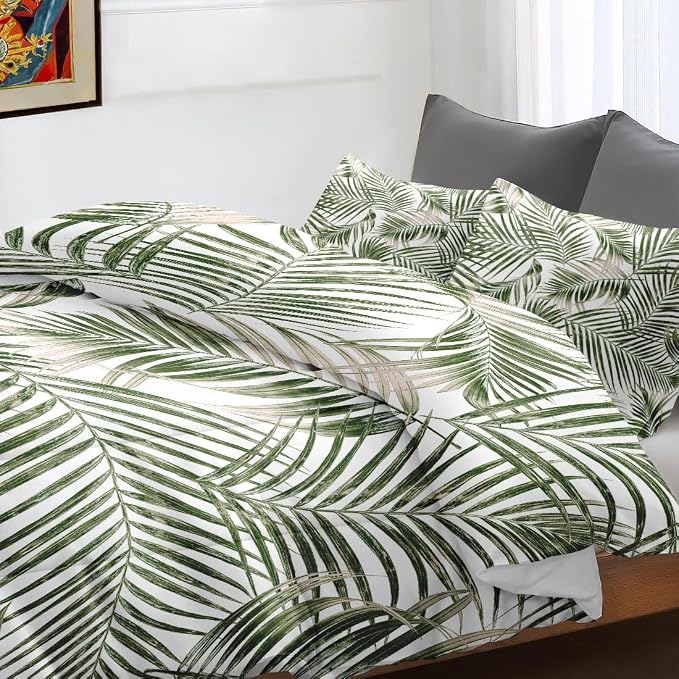 Comforter Set with 2 Pillowcases King Size, Tropical Palm Tree Fronds Green Leaves, Bed Decor Botanical Plant Palm Leaf for Kids and Adults, Soft Cozy Bedroom Bedding Set