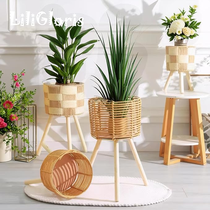 Boho Rattan Plant Stand Set of 2 – Handwoven Wicker Mid-Century Modern Floor Planter Stand for Indoor Plants, Large Farmhouse Decor, Sturdy Wood & Rope Design, Housewarming Gift