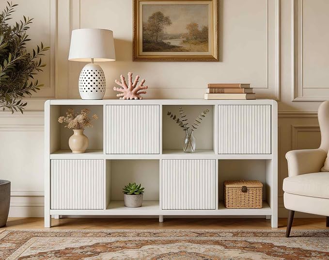 FATORRI Bookcase 8 Cube Storage Organizer, Horizontal Bookshelf with 4 Doors, Long Wooden Book Shelf for Home Office, Bedroom, Entryway (Antique White)