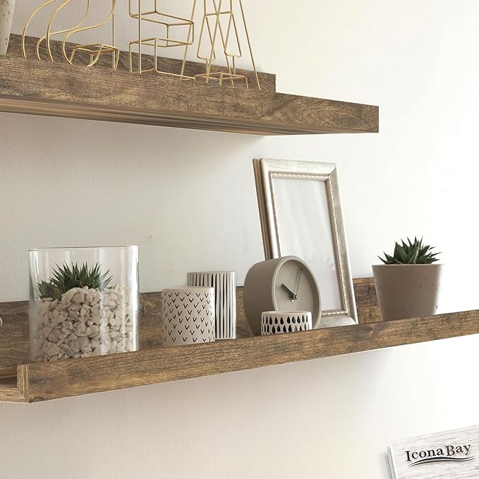 Icona Bay 24 Inch Floating Shelves for Wall - Set of 3 in Walnut Brown - Modern Rustic Style - Wall Mounted Display Shelves - Picture Ledges
