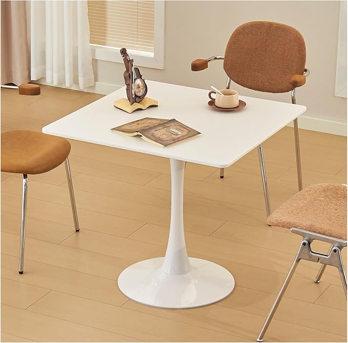 Square Dining Table, 31.5" Tulip Table with Thickened Tabletop & Metal Pedestal, Mid Century Modern Bistro Table for Kitchen, Small Places, Living Room, Cafe (White)