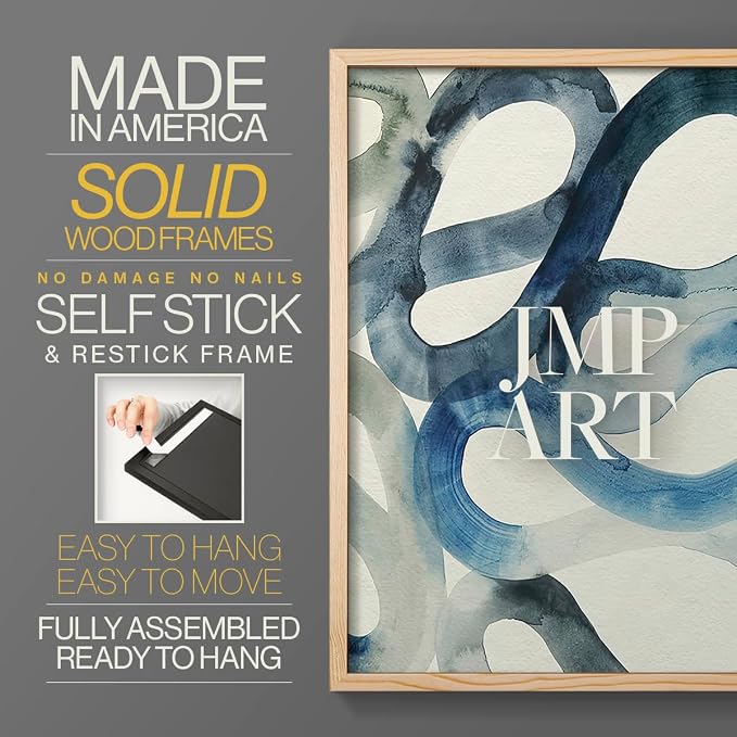 Renditions Gallery Set of 2 Peel & Stick Framed Prints, Watercolor Abstract Wall Art, Aquatic Water and Sand Strokes Wall Decor, Re-Stickable - Ready to Hang - 11"x14" - NATURAL WOOD Frame LT588