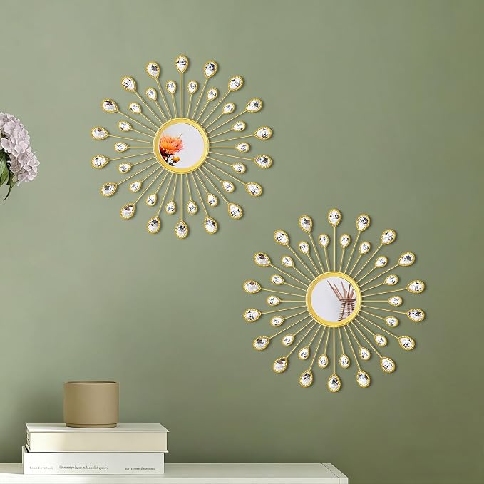2 Pack Metal Mirrors for Wall Boho Sunburst Wall Mirror Home Decor Modern Decorative Wall Art for Bedroom Living Room Entryway