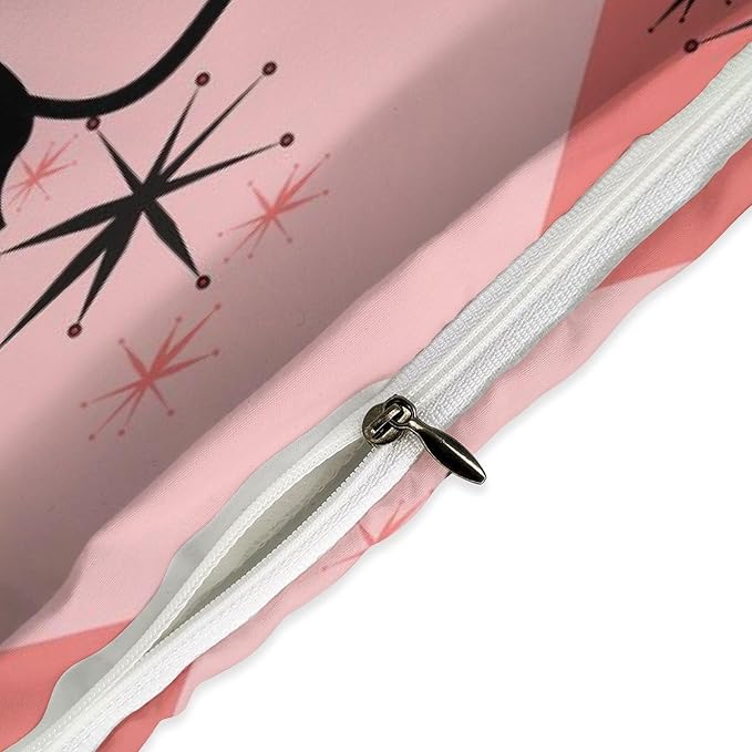 Mid Century Bedding Set,Retro Black Cat 1950s 1960s Abstract Atomic Pink Geometric Pattern Modern Comforter Set with Pillowcase for Bedroom Bed Decor,King 102"x90"
