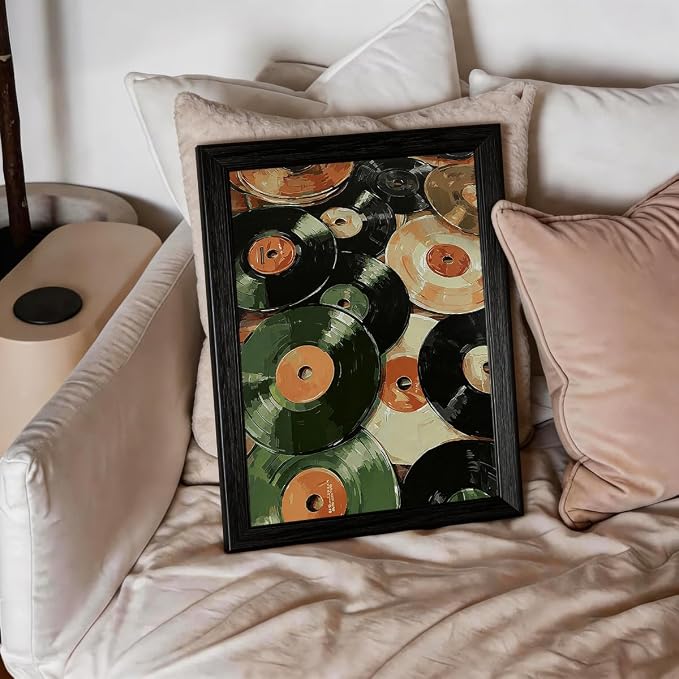 Music Vinyl Records Poster Vintage Abstract Mid Century Wall Art Modern Trendy Canvas Aesthetic Prints for Living Room Bedroom Wall Decor 012X16 inch Black Framed Music Lovers Gifts