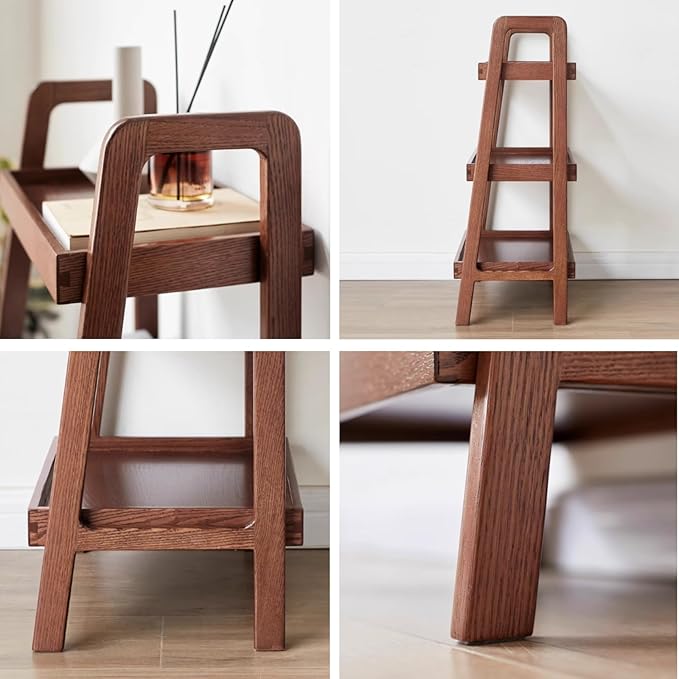 3-Tiers Ladder Shelves, 100% Solid Wood Ladder Bookshelf with Storage, Small Bookshelf, Small Side End Table for Living Room, Kitchen, Bathroom (Walnut Color)